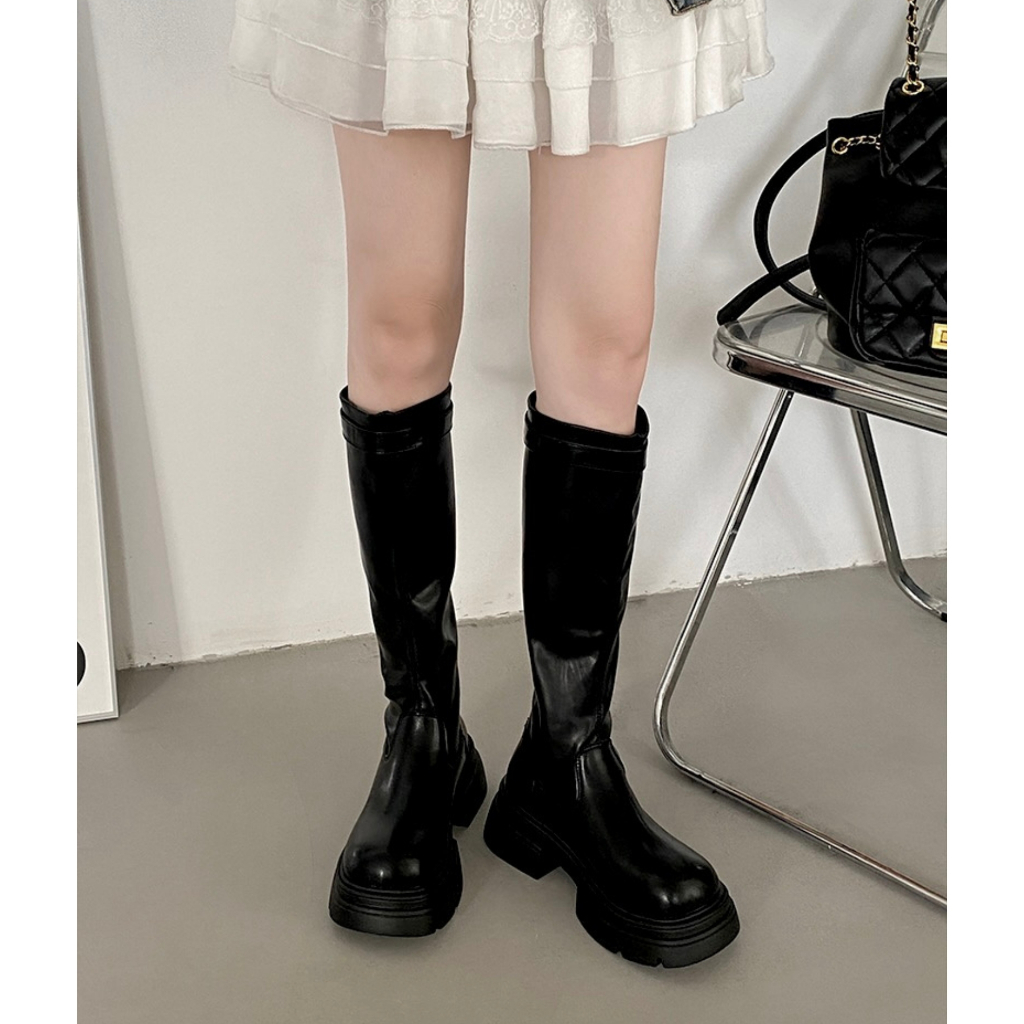 Giày BOOT da PU nữ cao cổ mũi tròn khóa kéo thời trang Vintage