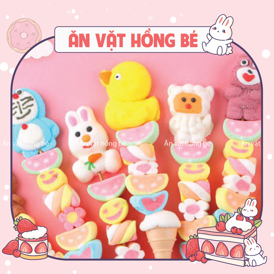 Kẹo Bông Gòn Xiên Que, Kẹo Marshmallow Hình Vật Dễ Thương, Kẹo Dẻo Ăn vặt Hồng Bé