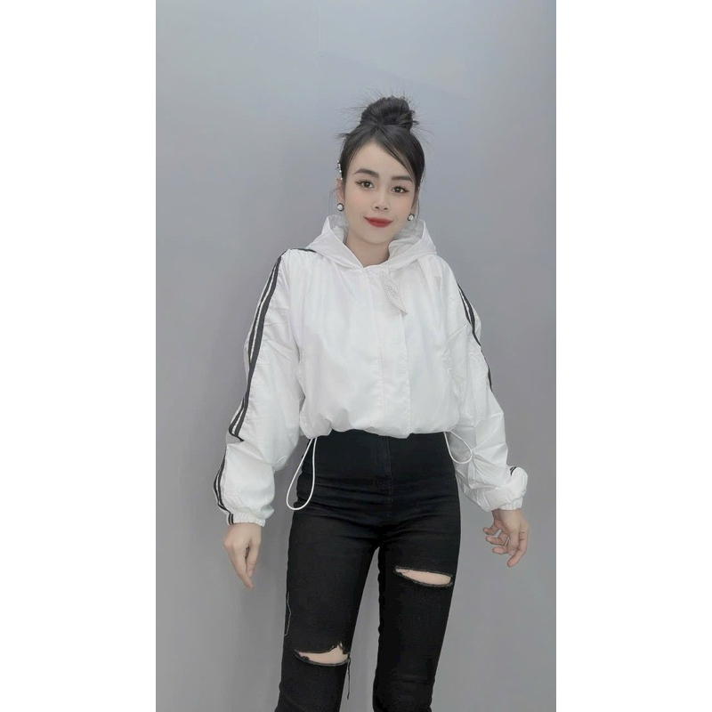 Áo khoác dù lửng croptop có nón phối viền rút dây unisex ulzzang nam nữ