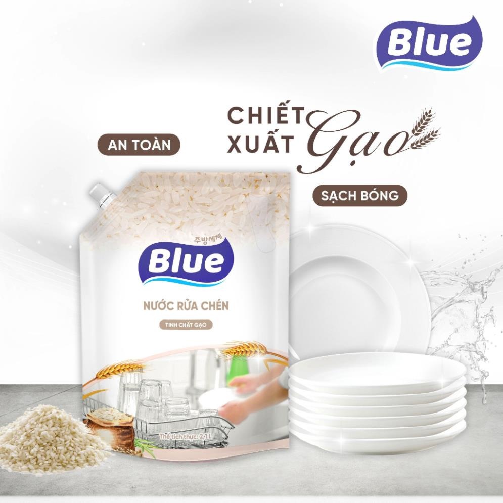 Combo 2 Nước rửa chén Blue Túi 2,1L - Tinh chất Gạo và Đậu Xanh thơm dịu