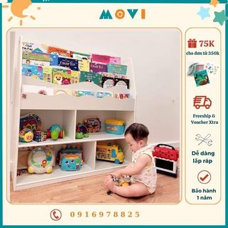 Kệ sách cho bé, kệ đồ chơi, giá sách gỗ 4 tầng, giá sách kết hợp kệ đồ chơi Montessori cho bé KS05