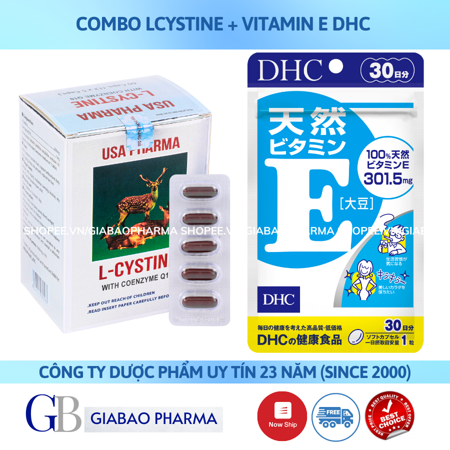 Combo mọc tóc, cấp ẩm cho da L cystine + Vitamin E DHC liệu trình 1 tháng (L cystine 60v; Vit E 30v)