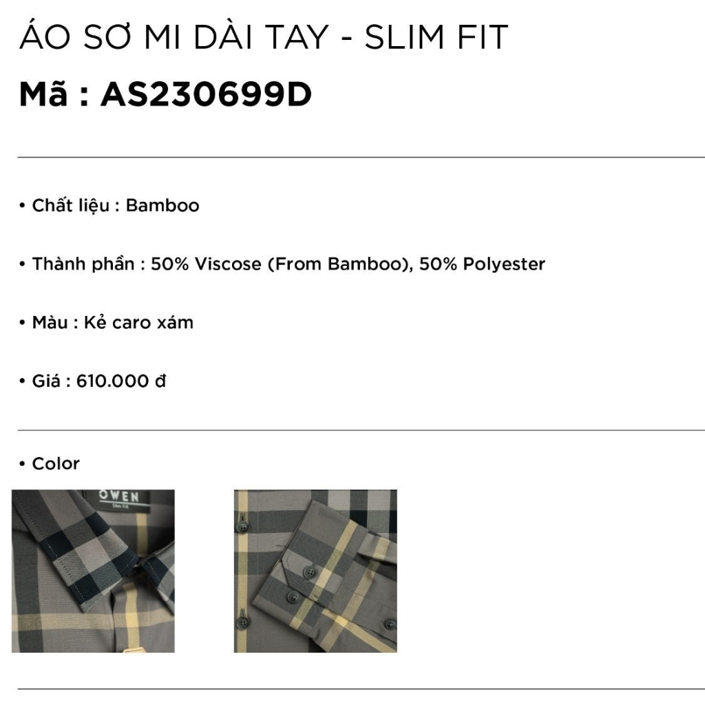 Áo sơ mi dài tay nam OWEN AS230699D somi công sở chất sợi tre cao cấp màu kẻ caro xám slim fit tà lượn không túi