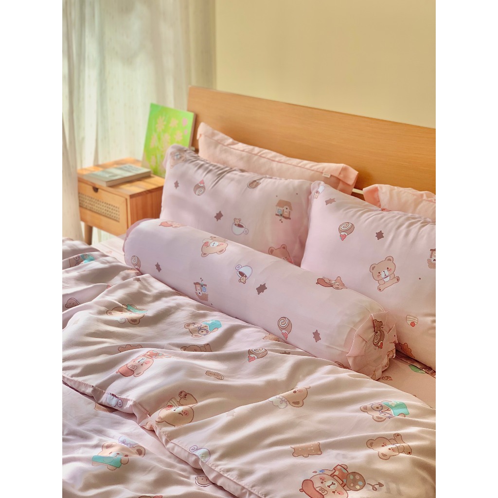 Chăn ga gối lụa tencel Gấu Hồng 80s GALLY đủ size1m6, 1m8, 2m