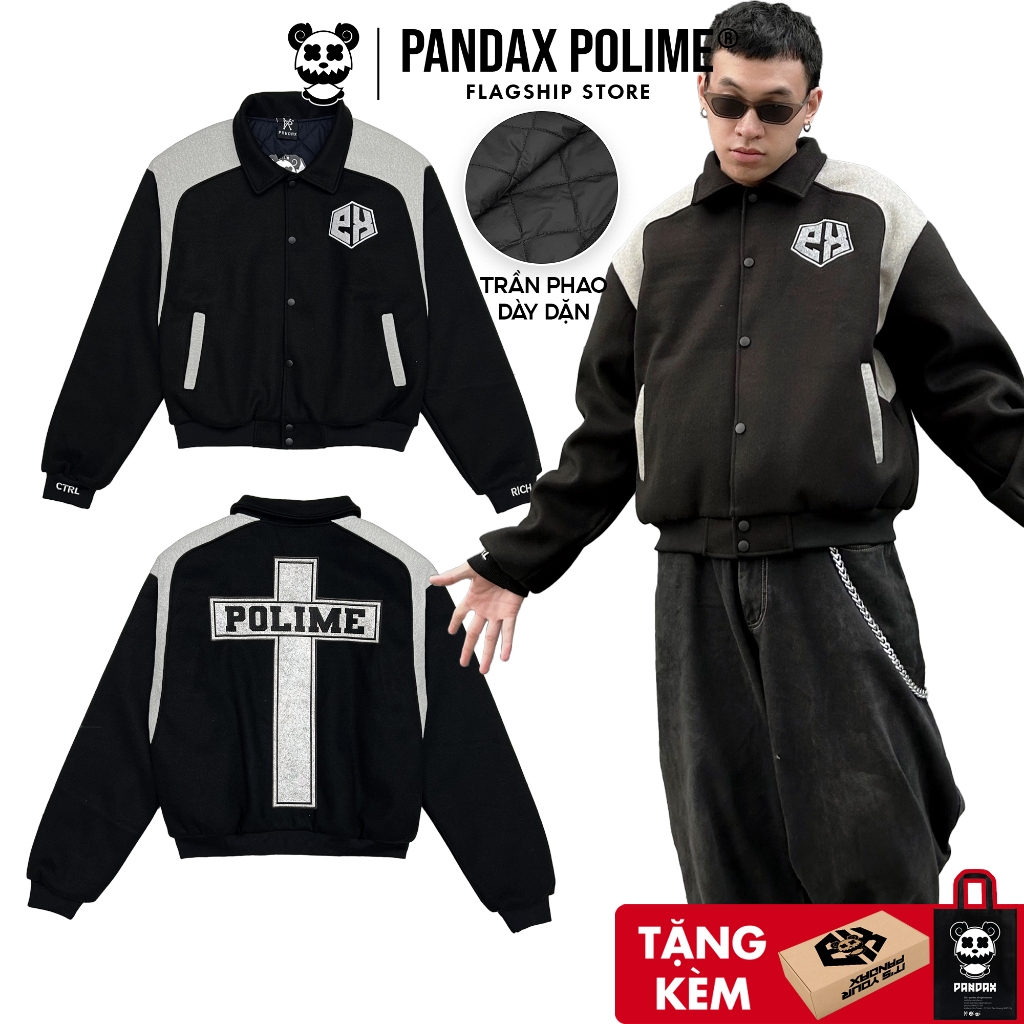 Áo khoác boxy jacket varsity local brand bomber nam nữ trần bông phối màu chất dạ ép nỉ croptop unisex Pandax Polime