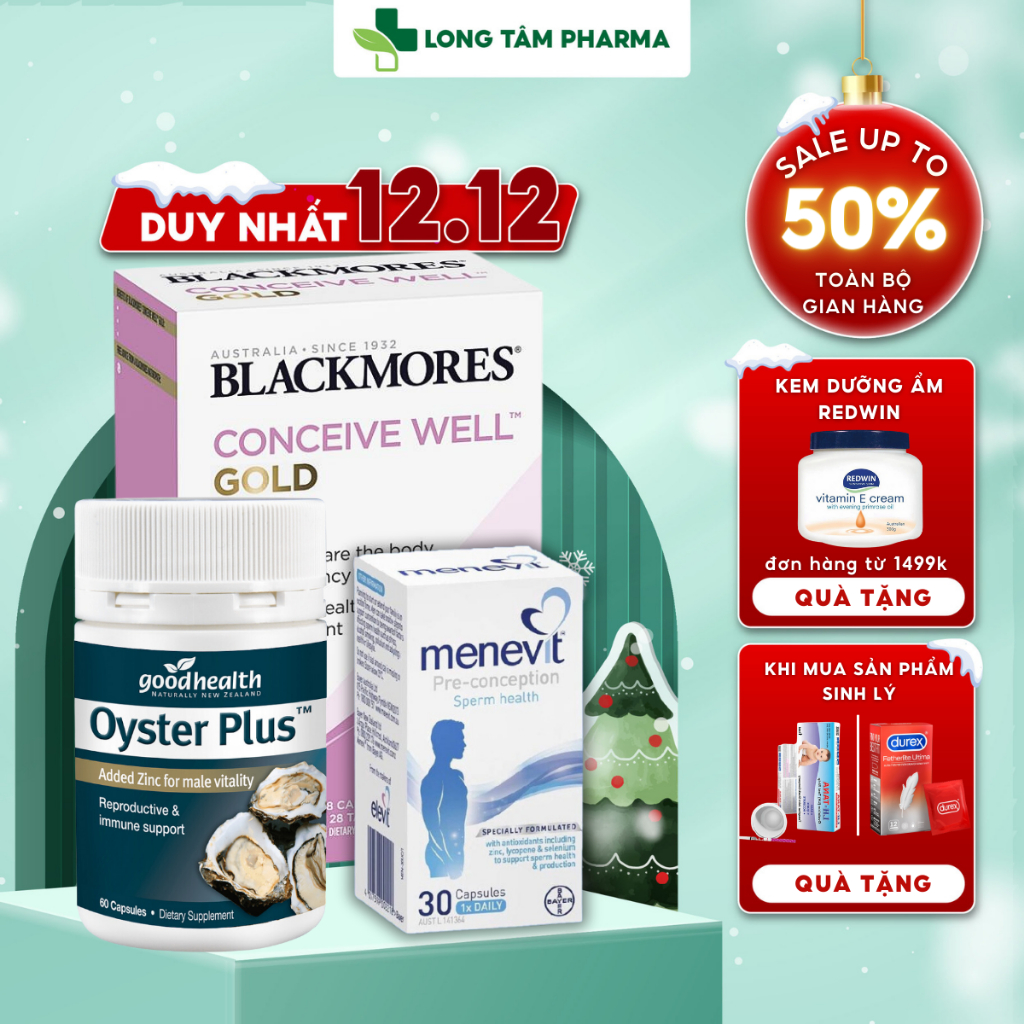 Combo tăng khả năng thụ thai 3 món Hàu lùn Oyster + Menevit + Blackmores Conceive Well Gold của Úc