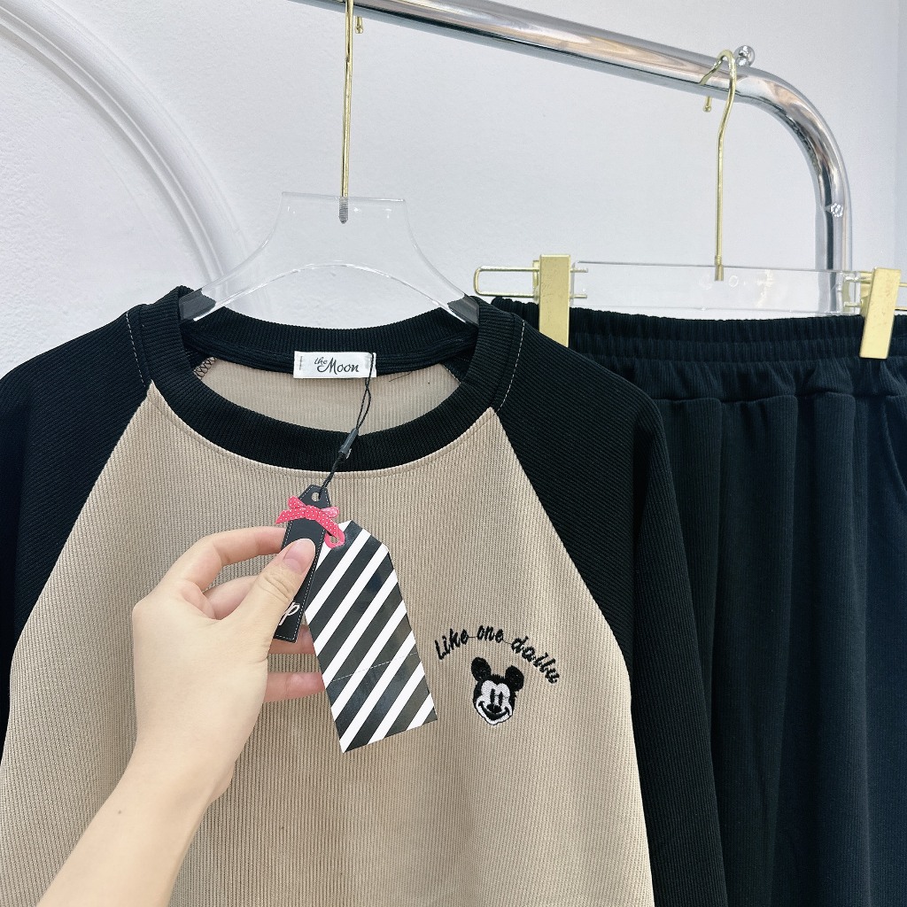 Set Bộ Đồ Nữ Thêu Mickey Tăm Nhung Áo Dài Tay Mix Quần Suông Ống Dài