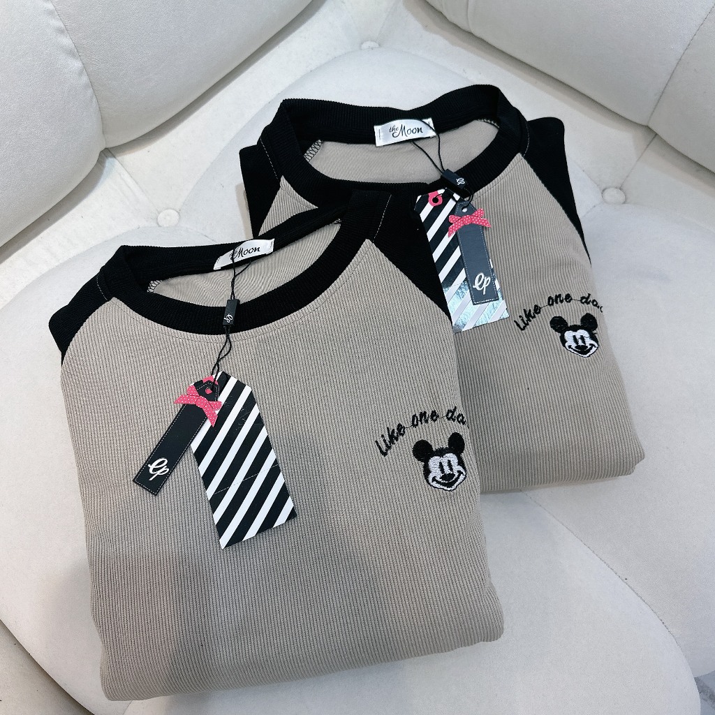 Set Bộ Đồ Nữ Thêu Mickey Tăm Nhung Áo Dài Tay Mix Quần Suông Ống Dài