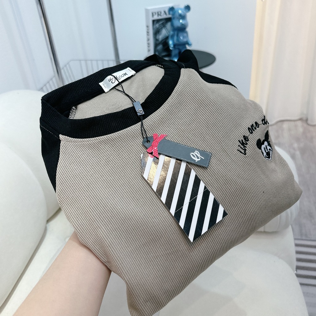 Set Bộ Đồ Nữ Thêu Mickey Tăm Nhung Áo Dài Tay Mix Quần Suông Ống Dài