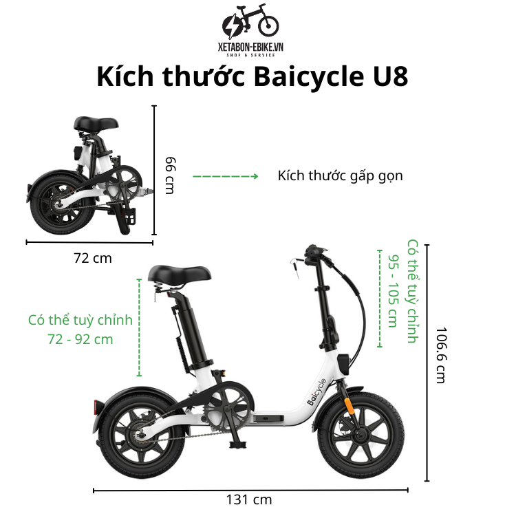 Xe đạp điện trợ lực Baicycle U8, xe đạp điện gấp gọn, động cơ 400W, 3 chế độ đạp - Bảo hành chính hãng 12 tháng