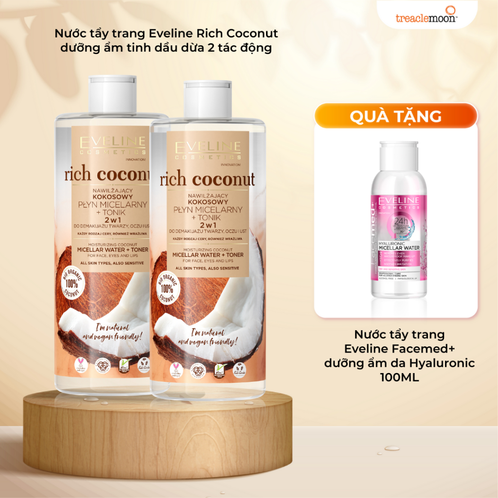 Nước tẩy trang Eveline Rich Coconut tinh dầu dừa 2 tác động 500ML