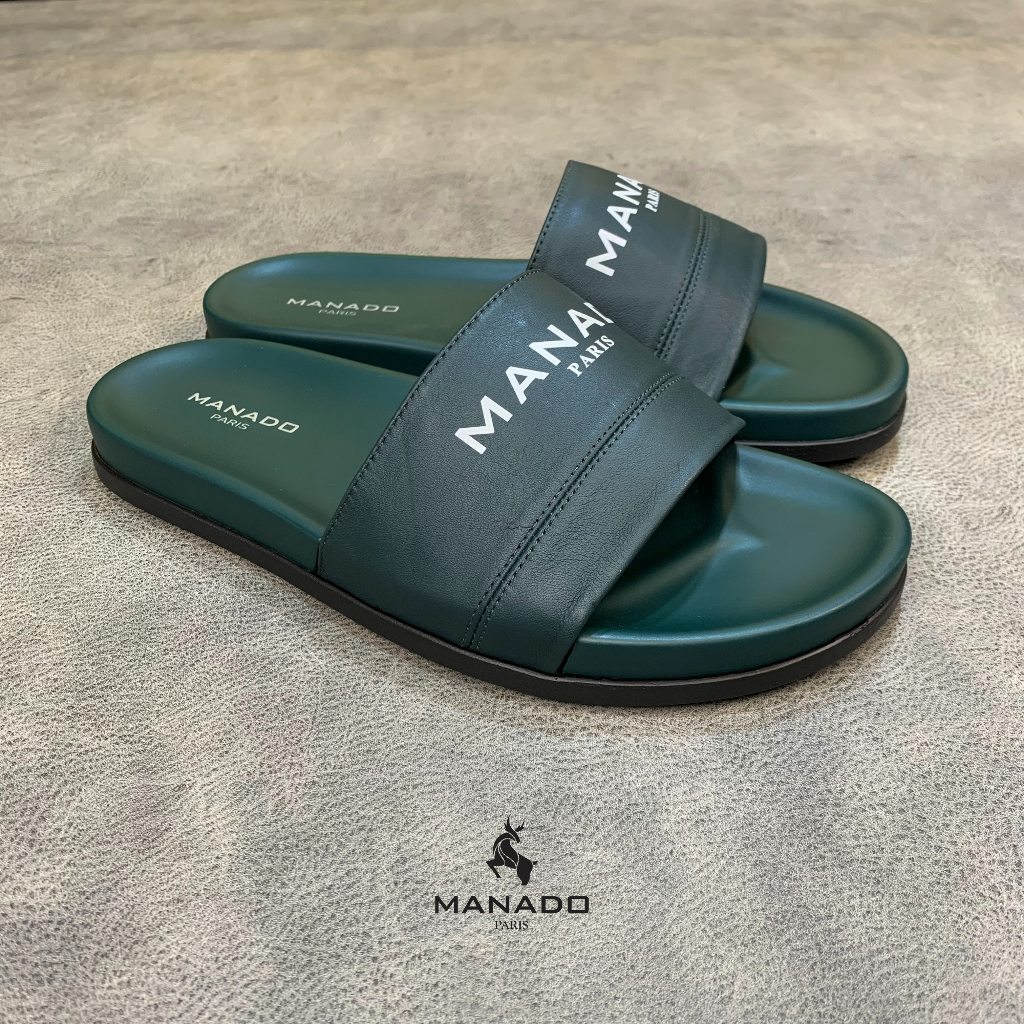Dép da nam quai ngang cao cấp Manado Mã MND11 màu xạnh fullbox, quai da bò mềm mại, đế cao su thiết kế chắc chắn