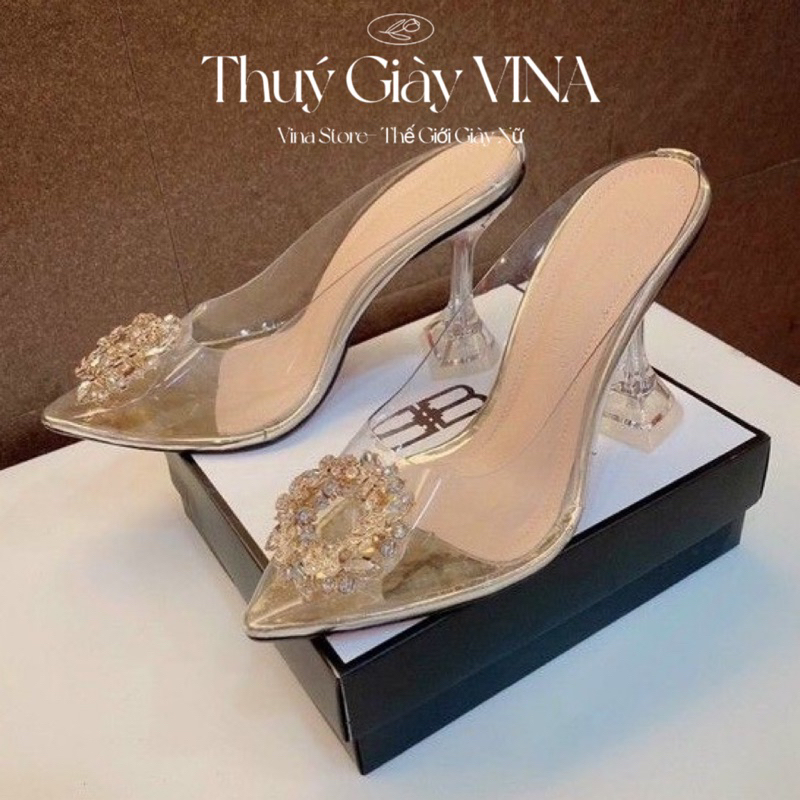 Giày cao gót nữ mũi nhọn quai trong đính đá đế cao 5-9 phân hot 2023 VINA STORE mã B22