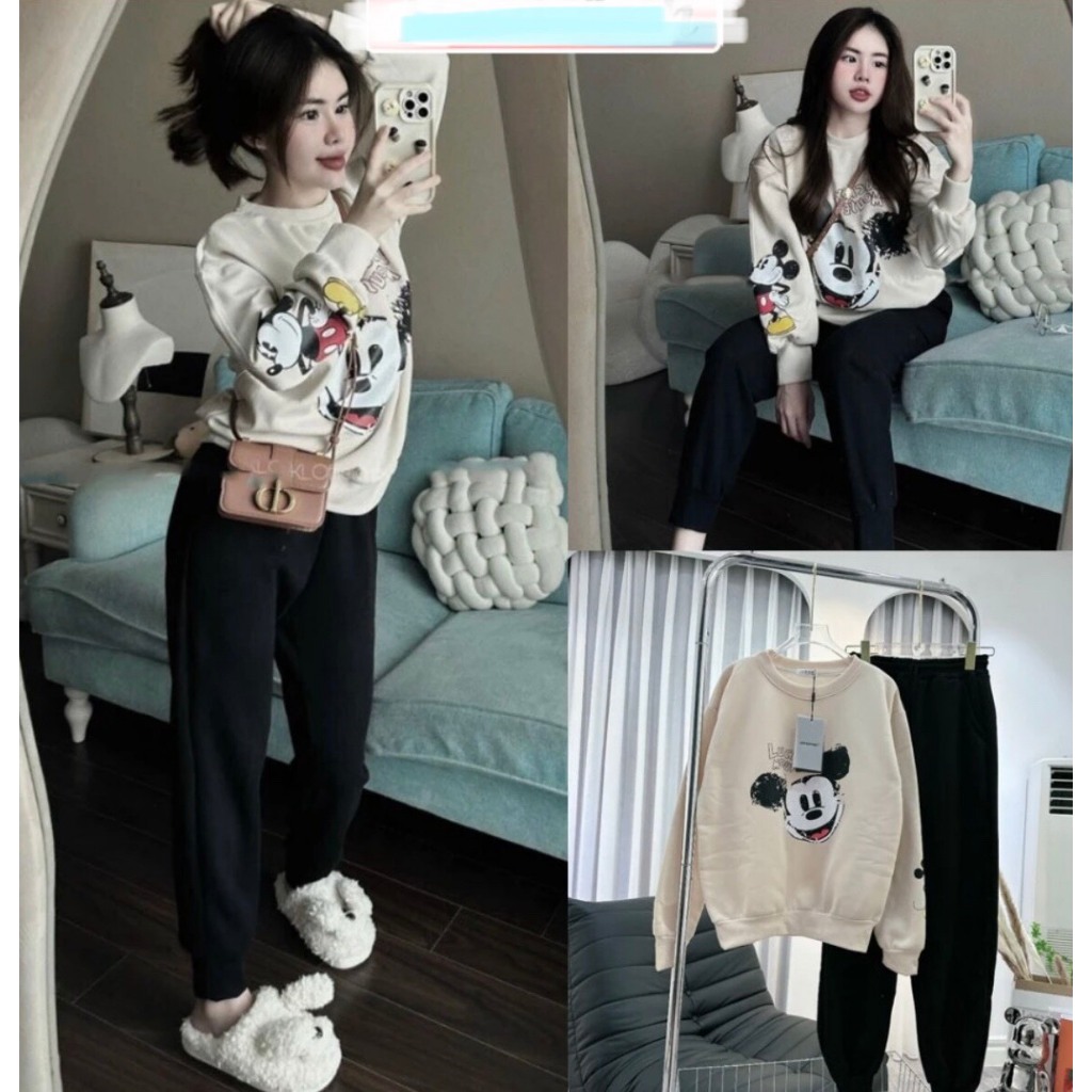 Set Nỉ Chuột MICki in tay Nữ, Bộ đồ sweater form rộng, quần bo ống kèm áo nỉ ngoại Ulzzang siêu dầy dặn nữ tính