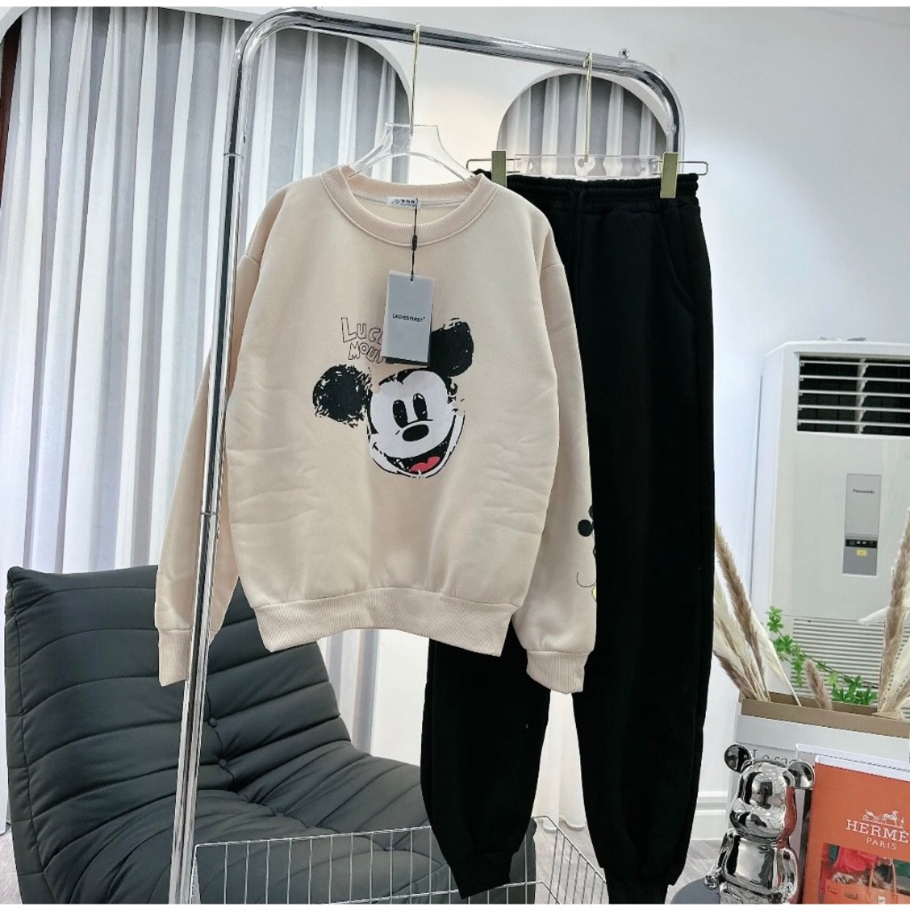 Set Nỉ Chuột MICki in tay Nữ, Bộ đồ sweater form rộng, quần bo ống kèm áo nỉ ngoại Ulzzang siêu dầy dặn nữ tính