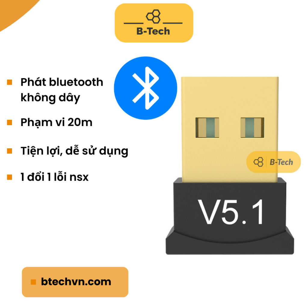 USB bluetooth SCR 5.1 Dongle dùng cho máy tính laptop, PC thu phát bluetooth tốc độ cao B-Tech