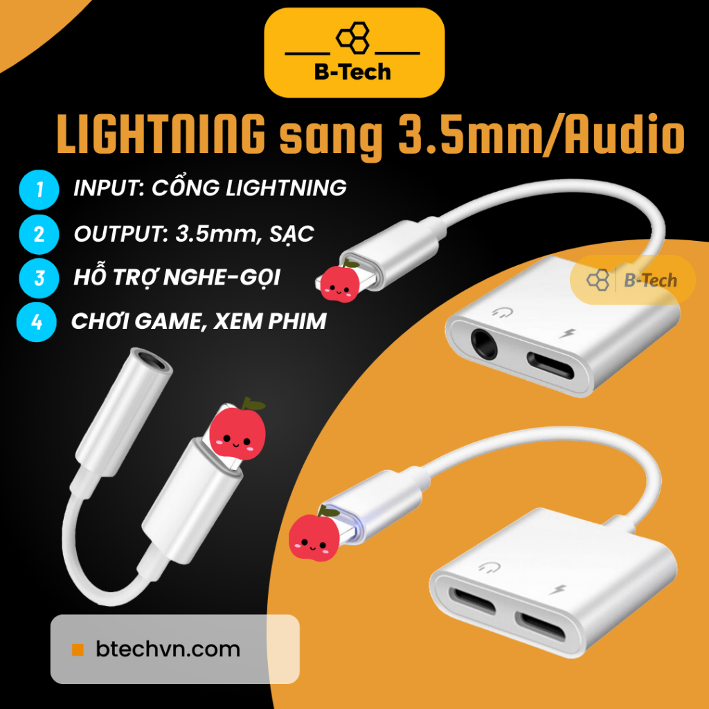 Cáp chuyển cổng Lightning sang 3.5mm giắc cắm tai nghe headphone, mic, hỗ trợ nghe gọi chỉnh âm lượng B-Tech