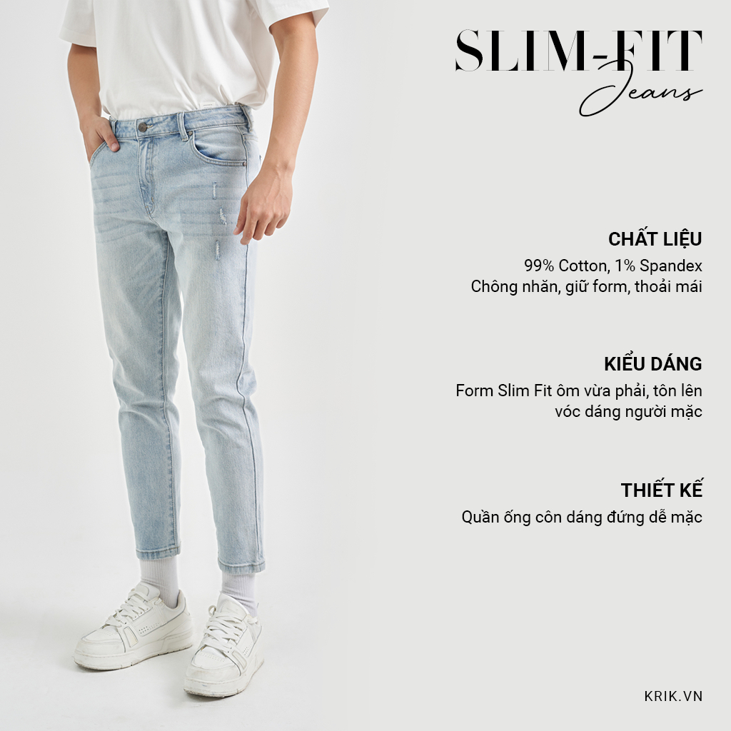 Quần Jean Nam Local Brand KRIK Form Slimfit Ống Côn Dáng Đứng Chất Liệu Cao Cấp Xanh Xước QJ6026