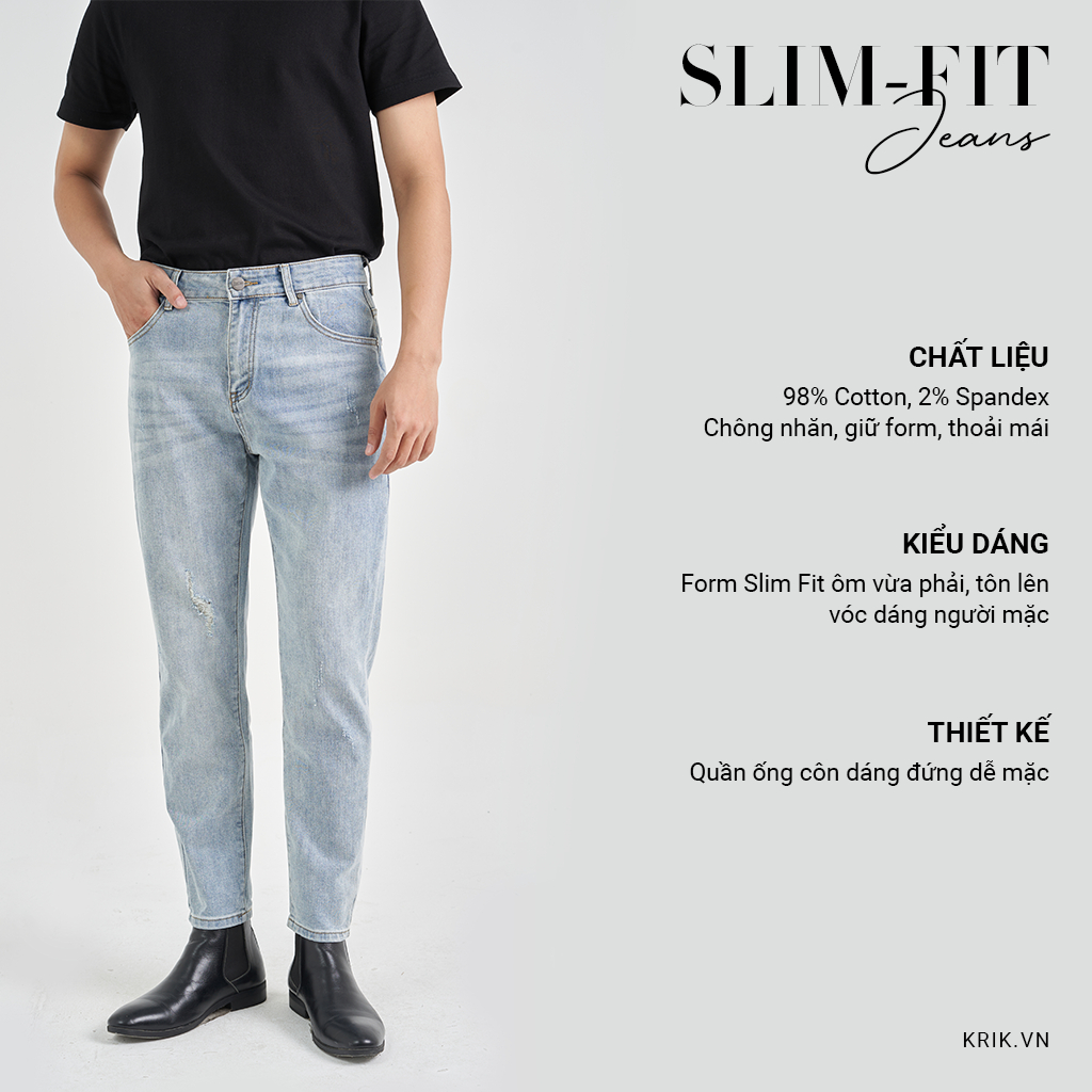 Quần Jean Nam Local Brand KRIK Form Slimfit Chất Liệu Cao Cấp Màu Xanh Xước Nhẹ QJ6059