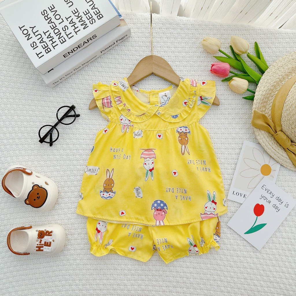 Đồ bộ mặc nhà vải tôn - Cánh tiên  lanh mềm mịn mát kiểu dáng xinh xắn đáng yêu cho Bé Gái 7-13kg