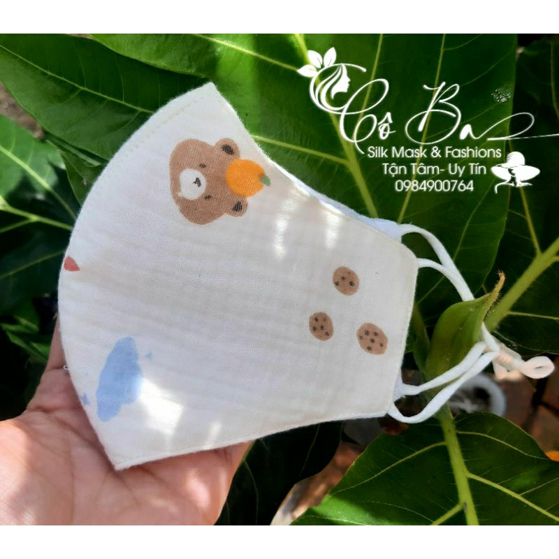 Khẩu trang vải lụa, vải muslin cho bé có nút chỉnh, mềm mại, thoáng mát