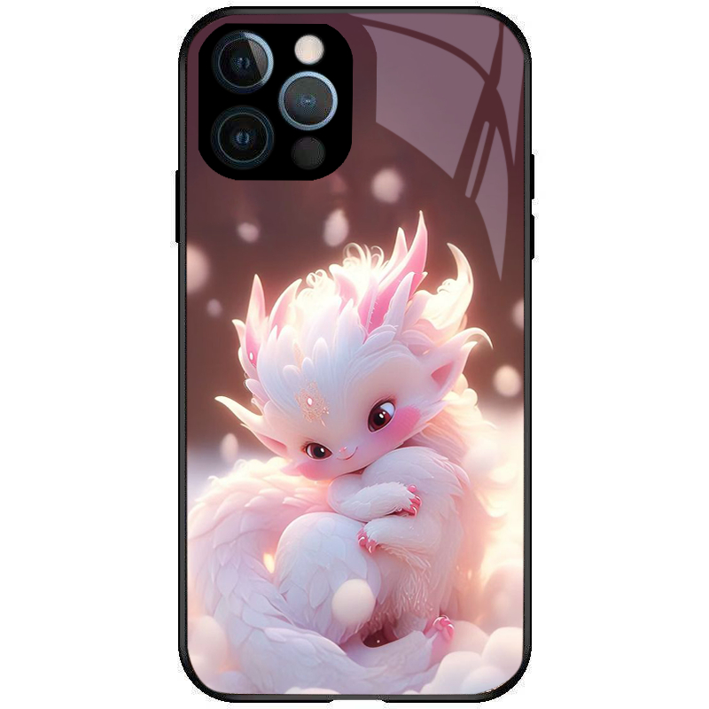 Ốp lưng BVC kính đen hình Rồng nhỏ trắng dễ thương cho iPhone 14 13 12 11 Pro Max X XR XS 8 7 ip 6S 6 Plus k1518