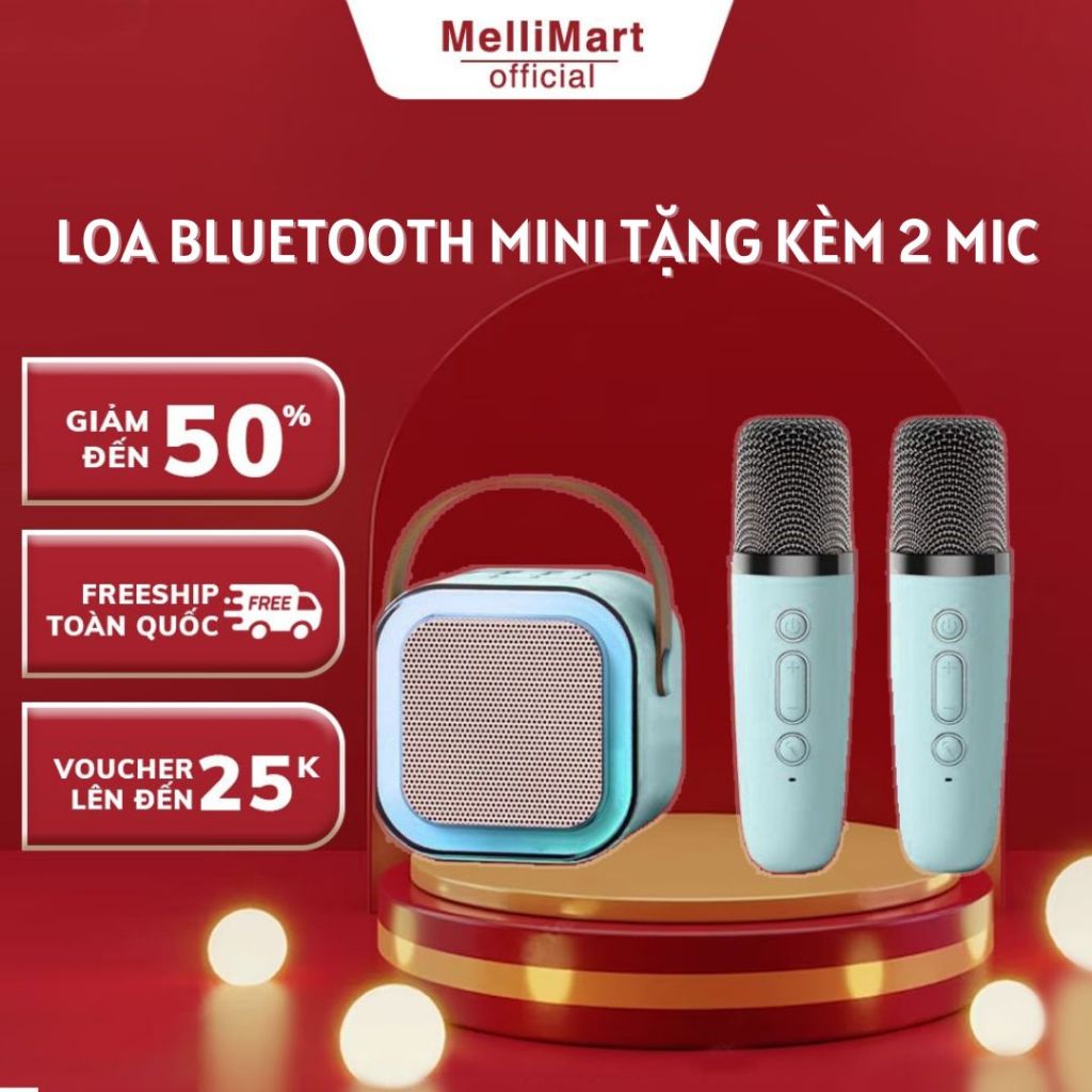 Loa Bluetooth Karaoke Mini MELLI Sạc Pin Không Dây, Âm Thanh Hay Bass Chuẩn Tặng Kèm 2 Míc Hát