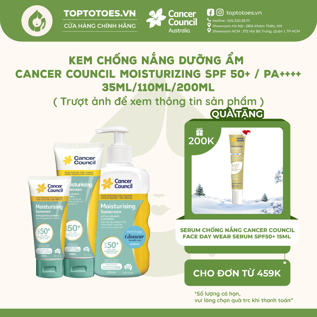 Kem chống nắng Dưỡng ẩm Cancer Council Moisturizing SPF 50+/ PA ++++