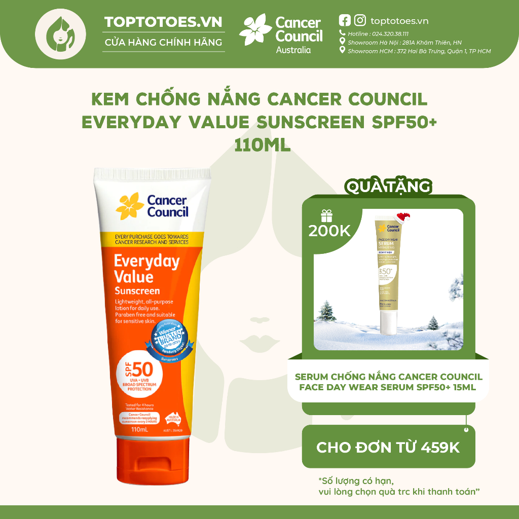 Kem chống nắng hàng ngày Cancer Council Everyday Value Sunscreen SPF50+ dành cho mọi loại da 110ml