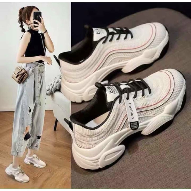 Giày Thể Thao Đế Cao Sneaker Nâng Đế Phối Lưới Thoáng Khí Đế Sóng Phối Lưới