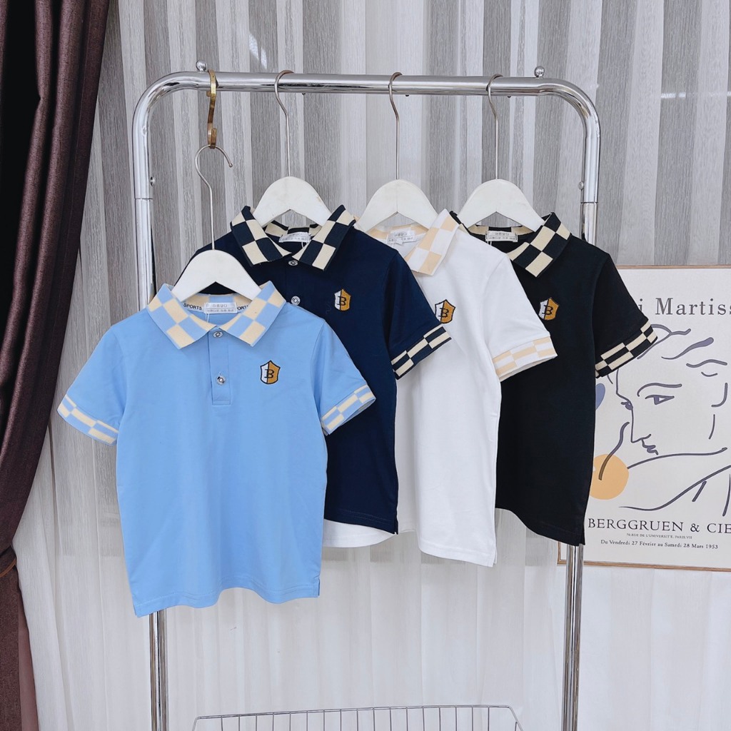 Áo polo trẻ em size nhỡ chất cotton mềm mát, thêu họa tiết chữ B cho bé từ 22 đến 32kg