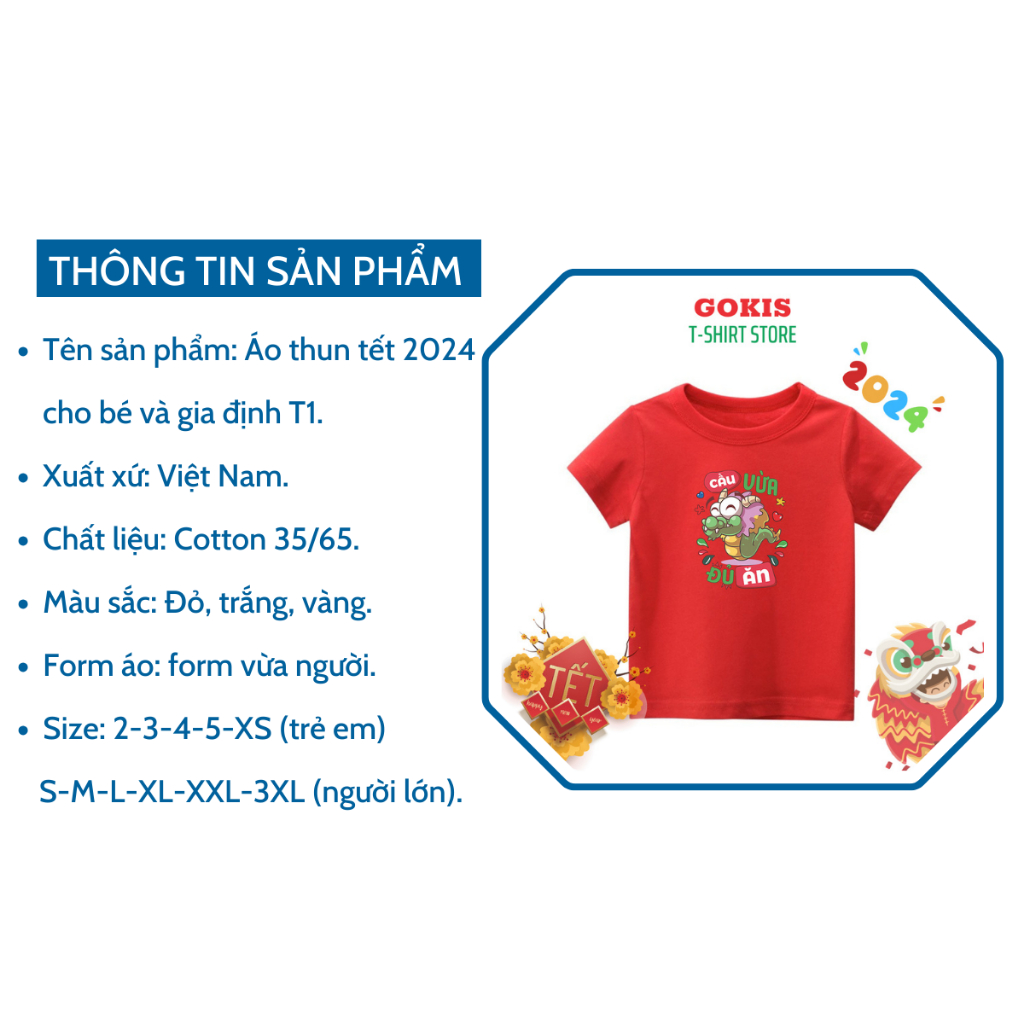 Áo thun tết 2024 cho bé và gia đình có size trẻ em và người lớn - Áo tết năm rồng giáp thìn mẫu T1 Gokis shop