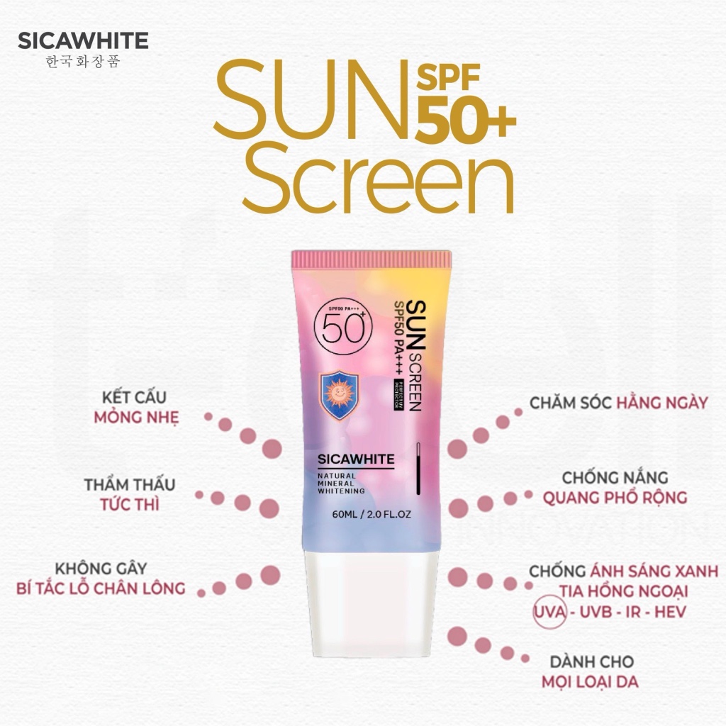 Kem chống nắng Sica White 60ML, SPF50 PA+++, dưỡng trắng da, chống nắng đa tầng, phổ rộng - Sica White