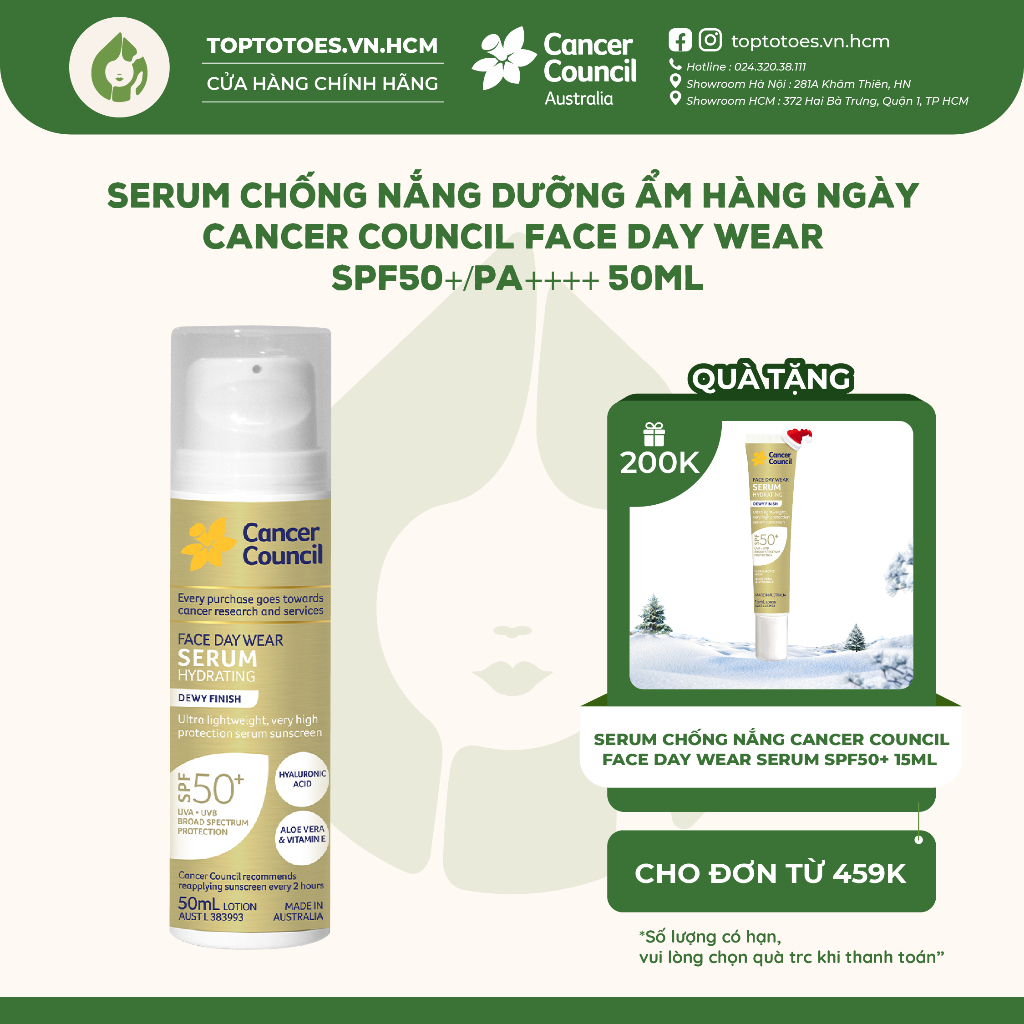 Serum chống nắng dưỡng ẩm hàng ngày Cancer Council Face Day Wear SPF50+/PA++++ 50ml