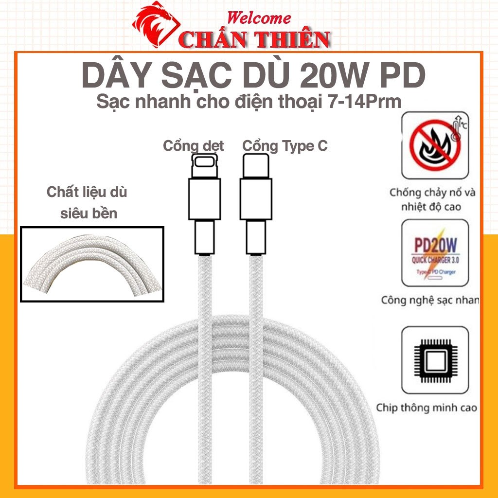 Dây Sạc Nhanh Bọc Dù 20w, Cáp Sạc Nhanh Dài 1M Siêu Bền Bảo Hành 12 Tháng Lỗi 1 Đổi 1