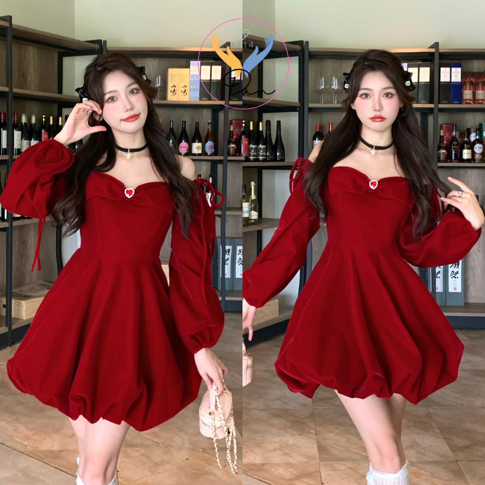 Set Váy Nữ - Váy Nhung đỏ trễ vai đính nơ trước ngực chất nhung QC Thiết Kế Sang Trảnh Tiểu Thư Dandan_1314
