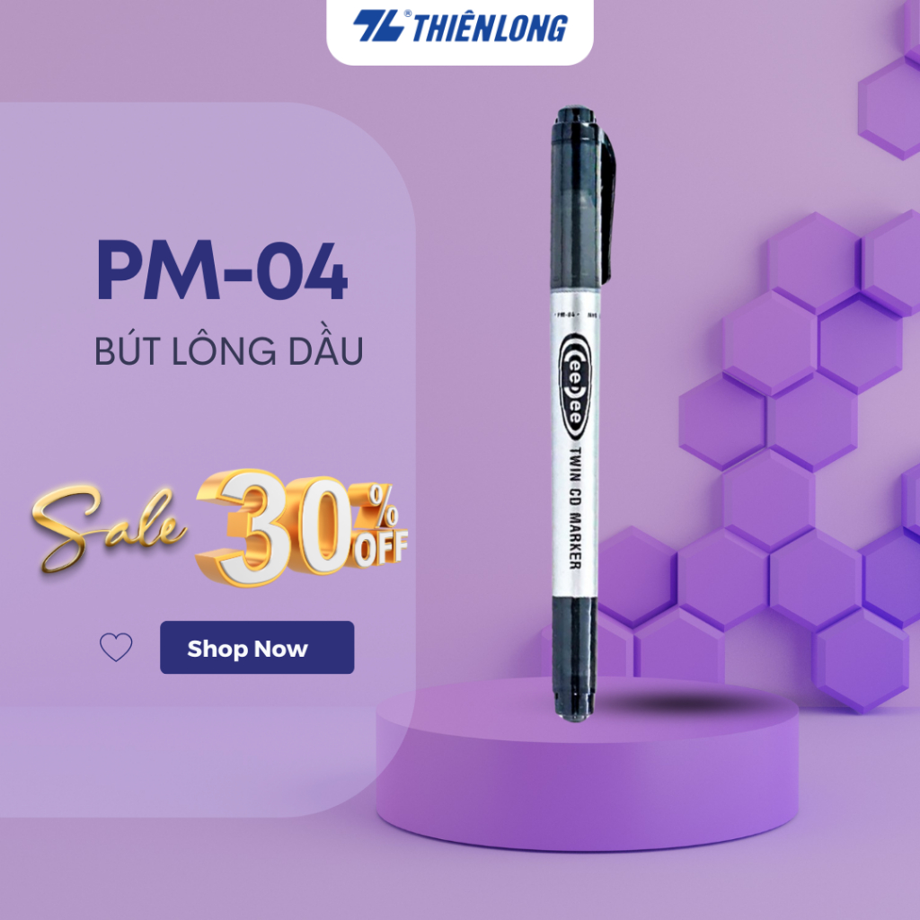 Bút lông dầu 2 đầu bút Thiên Long PM-04 bám dính tốt trên các vật liệu: Giấy, gỗ,nhựa, thủy tinh, gốm, sứ, đĩa CD