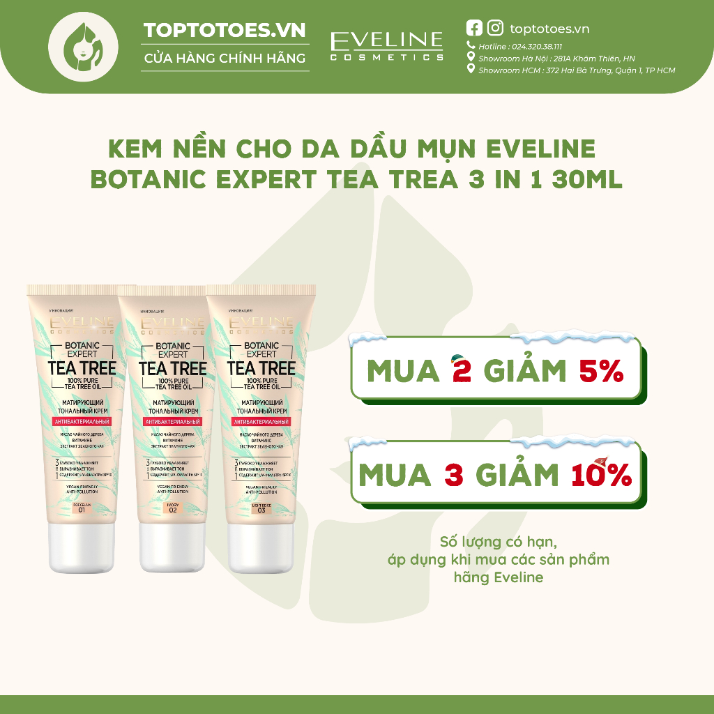 Kem nền cho da dầu mụn Eveline Botanic Expert Tea Tree 3 In 1 30ml