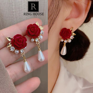 (Chuôi bạc 925) E276 khuyên tai bông tai nữ hoa hồng đỏ tết giáng sinh noel đẹp