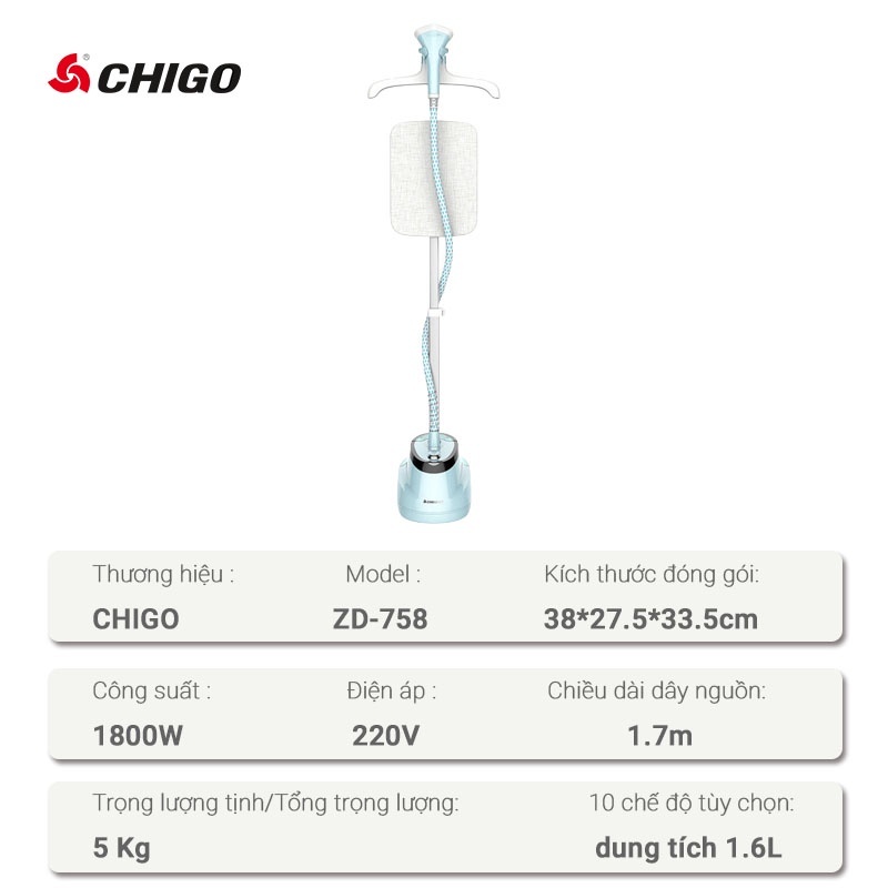 Bàn là hơi nước đứng Chigo ZD-758, Bàn ủi hơi nước CÔNG SUẤT LỚN 1800W, dung tích 1.6L công nghệ xóa nhăn nhanh chóng