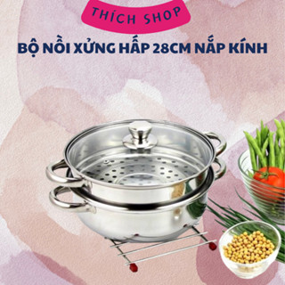 Bộ xửng hấp inox 28cm - nồi hấp đa năng 2 tầng cao cấp nắp kính