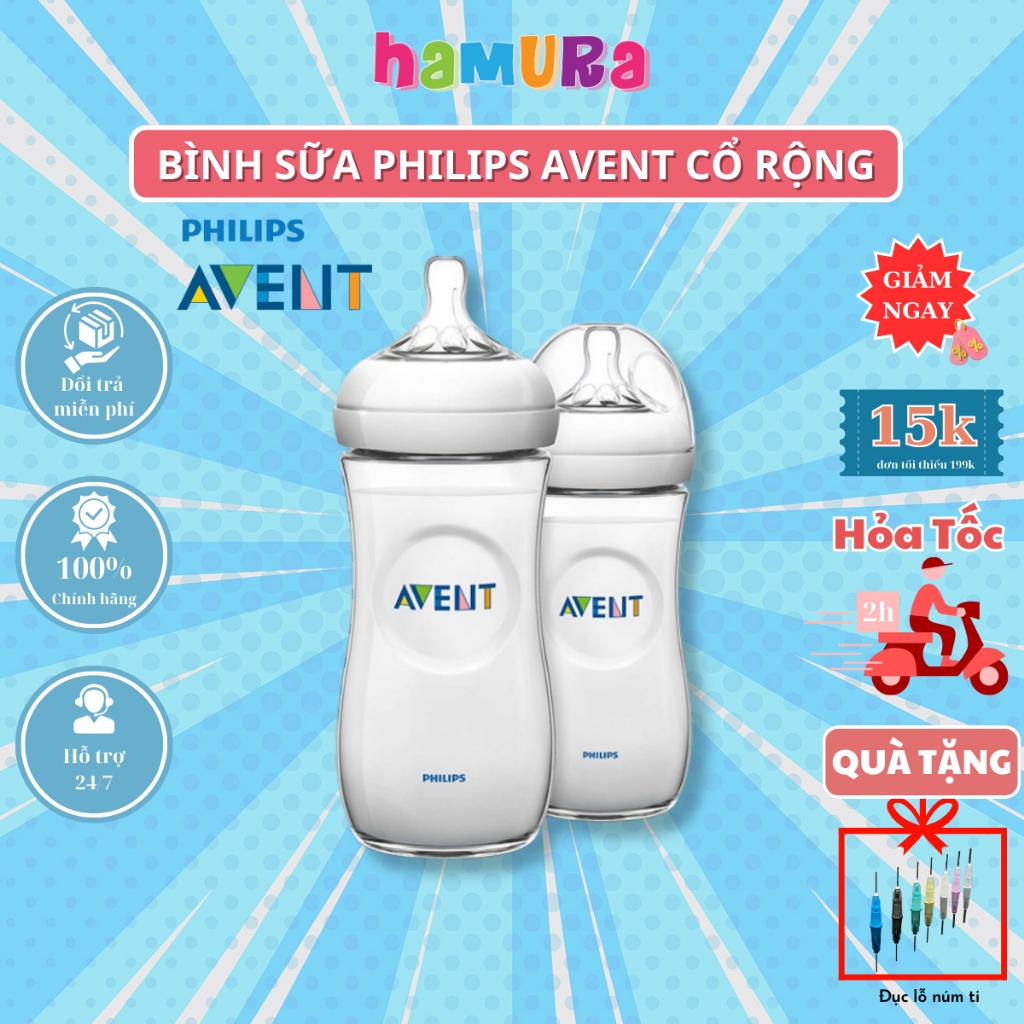 Bình sữa Avent Natural cổ rộng,dung tích 60ml 125ml 260ml 330ml được chọn núm cam kết chính hãng