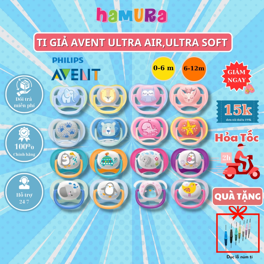 Ti giả Avent Ultra Air, Ultra Soft chỉnh nha chống hô vẩu đầu dẹt chính hãng