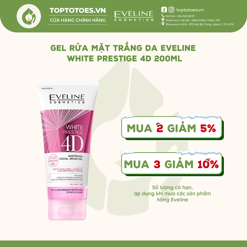 Gel rửa mặt trắng da Eveline White Prestige 4D 200ML