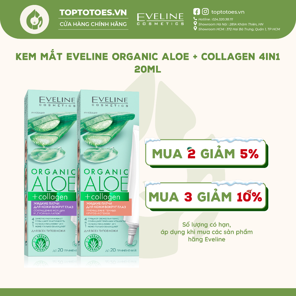 Kem mắt Eveline Organic Aloe + Collagen 4in1 dưỡng ẩm, giảm thâm, nhăn, bọng mắt 20ml