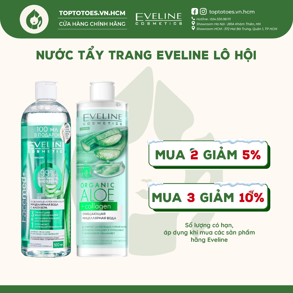 Nước tẩy trang Eveline Lô hội làm sạch hiệu quả, giữ ẩm cho da nhạy cảm
