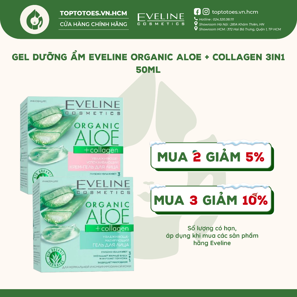 Gel dưỡng ẩm Eveline Organic Aloe + Collagen 3in1 cấp nước, làm dịu, phục hồi và trẻ hóa da 50ml