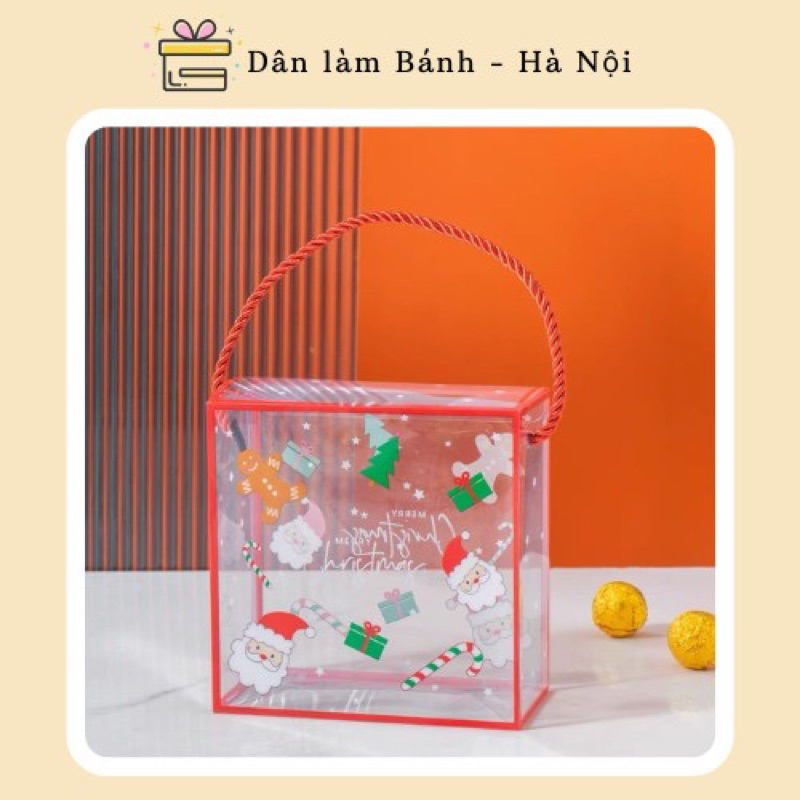 SET 5 Hộp Mica,Nhựa Trong Quai Xách Giáng Sinh Noel đựng bánh quy, cookie xinh, bánh kem bánh sinh nhật