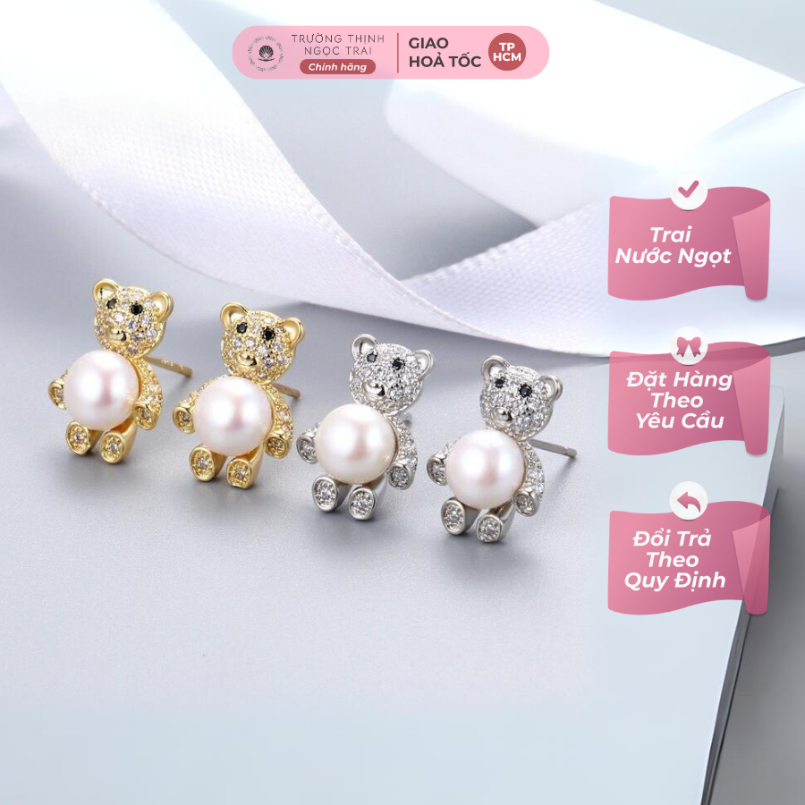 Bông Tai Bạc 925 Mạ Vàng Hình Chú Gấu Dễ Thương, Xinh Xắn - Ngọc Trai Trường Thịnh