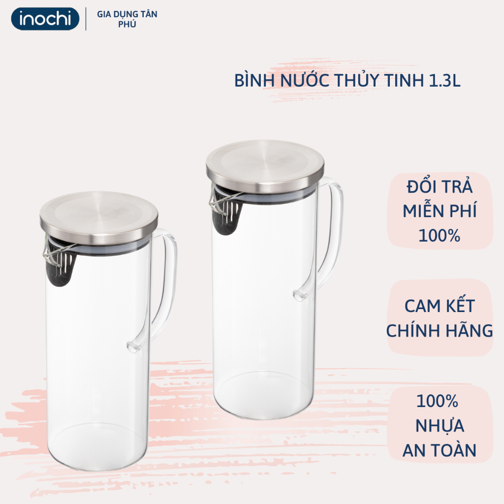 Bình nước thủy tinh 1.3l inochi chịu nhiệt, bình nước có quai cầm, bình đựng nước bàn ăn